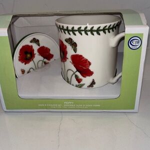 Portmeirion Poppy Mug and Coaster Set - White with Red and Green
